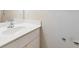 Bathroom vanity with chrome faucet, mirror, and peeling paint on walls at 111 Trellis Ct, Acworth, GA 30101