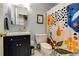 Cozy bathroom with a square sink, modern vanity and colorful shower curtain at 1404 Vernon North Dr, Dunwoody, GA 30338