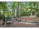 Secluded backyard featuring a swing, a fire pit, and walking path at 960 Lost Forest Dr, Sandy Springs, GA 30328