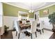 Dining room with wainscoting, tray ceiling, chandelier, and hardwood floors at 411 Ridgeway Ln, Canton, GA 30114