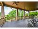 Spacious covered porch with wooden flooring and stone columns and seating at 411 Ridgeway Ln, Canton, GA 30114