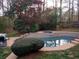 Beautiful backyard pool area with a charming stone design and surrounding greenery at 6275 Cheatham Lake Nw Dr, Acworth, GA 30101