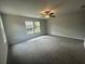 Spacious carpeted bedroom featuring a ceiling fan and bright windows overlooking a wooded backyard at 75 Emerald Ln, Covington, GA 30014