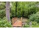 Landscaped backyard featuring a wooden bridge with an angel statue and mature trees at 5107 Old Chestnut Ct, Woodstock, GA 30188