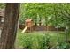 Backyard features a play structure with slide and swing set, providing a fun and engaging outdoor space for children at 5107 Old Chestnut Ct, Woodstock, GA 30188