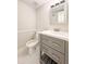 Clean half-bathroom featuring a gray vanity, modern finishes, and ample space at 110 Randomwood Way, Alpharetta, GA 30022