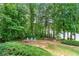 Scenic backyard featuring fire pit, mature trees, and a picturesque view of the lake at 5765 Riley Rd, Cumming, GA 30028