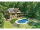 Beautiful backyard featuring a custom in-ground pool and professionally landscaped yard in a wooded setting at 5765 Riley Rd, Cumming, GA 30028