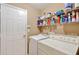 Functional laundry room with washer, dryer, shelving, and a door at 935 Santa Anita Dr, Woodstock, GA 30189