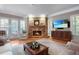 Cozy living room featuring a stone fireplace, large windows, and comfortable seating at 5040 Harrington Rd, Johns Creek, GA 30022