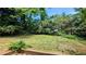 Large backyard with a lush green lawn, mature trees, and privacy at 3656 Salem Trl, Lithonia, GA 30038