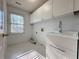 Bright laundry room with white cabinets, sink, and window providing natural light at 6765 Crofton Dr, Alpharetta, GA 30005