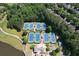 Overhead shot of tennis courts next to a community pool with mature trees for scenic recreation at 1023 Little Darby Ln, Suwanee, GA 30024