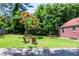 Back yard with a fire pit, chairs, table, shed, green grass, and a brick house at 3020 Washington Rd, East Point, GA 30344