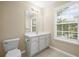 Bathroom featuring a vanity, toilet, mirror, and window with blinds at 5159 Wellsley Bnd, Alpharetta, GA 30005