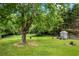 Picturesque backyard featuring a large yard, shed, and mature trees at 7920 Silversmith Dr, Cumming, GA 30028