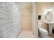 Bathroom featuring shower with curtain and pedestal sink at 125 Savannah Estates Dr, Atlanta, GA 30350