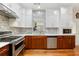 Bright kitchen featuring stainless steel appliances, stylish backsplash, and ample counter space at 247 Creek View Ln, Acworth, GA 30102