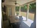 Inviting covered patio with ceiling fan, outdoor seating, and view of the lush backyard at 124 Archstone Sq, Mcdonough, GA 30253