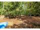 Private backyard featuring a playground, mature trees, and a leafy ground covering at 5410 Rosser Rd, Stone Mountain, GA 30087