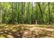 Spacious backyard with mature trees and wooden shed, perfect for outdoor activities and storage at 5410 Rosser Rd, Stone Mountain, GA 30087
