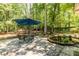 Landscaped backyard with patio, table and chairs, and a serene water feature at 5410 Rosser Rd, Stone Mountain, GA 30087