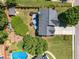 Overhead view of the property showcasing a swimming pool, patio, garden, shed, and backyard at 2304 Mitford Ct, Dacula, GA 30019