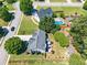 An elevated view displays an outdoor swimming pool, backyard with patio, shed, garden and lush landscaping at 2304 Mitford Ct, Dacula, GA 30019