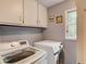 Efficient laundry room with washer, dryer, and ample storage cabinets at 905 Foxfire Dr, Lawrenceville, GA 30044