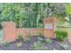 Community entrance with brick signage reading 'River Oak Village' and manicured landscaping at 905 Foxfire Dr, Lawrenceville, GA 30044