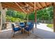 Outdoor patio with a dining set overlooking the backyard featuring mature trees and a swimming pool at 200 Glenview Ct, Woodstock, GA 30188