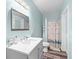 Stylish bathroom featuring a modern vanity and a shower with a charming, patterned curtain at 321 River Green Ave, Canton, GA 30114
