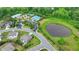 Aerial view of neighborhood amenities including a community pool, tennis court, and a pond at 7470 Oldbury Pl, Cumming, GA 30040