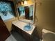 This bathroom features a blue sink, a toilet, and a vanity with a mirror at 1856 Butler Bridge Rd, Covington, GA 30016