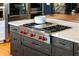 Kitchen island features a cooktop with red knobs set atop a white countertop, complemented by stylish gray cabinets at 1354 Fernwood Ne Cir, Brookhaven, GA 30319
