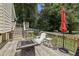 Relax on the wooden deck with an umbrella, outdoor seating, and stairs leading to the backyard at 255 Broken Lance Pl, Johns Creek, GA 30022