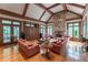 Inviting living room with a vaulted ceiling, a stone fireplace, and views of the surrounding greenery at 8470 Lazy Oaks Ct, Atlanta, GA 30350