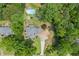 An aerial view showcases a beautiful home with lush landscaping, a pristine pool, and a long driveway at 1713 Dudley Dr, Woodstock, GA 30188