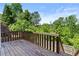 Wooden back deck offers a beautiful view of the surrounding lush greenery and blue sky at 1608 Indian Way, Cumming, GA 30040
