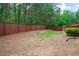 Expansive backyard featuring a wood fence, pine straw, and a small patch of lush green grass at 3920 Baverton Dr, Suwanee, GA 30024