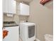 Laundry room with white washer and dryer, and storage cabinets at 3982 Brockenhurst Dr, Buford, GA 30519