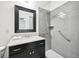 Full bathroom with modern shower, white backsplash and black vanity at 238 Trecastle Sq, Canton, GA 30114