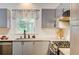 Cozy kitchen featuring gray cabinets, granite countertops, and stainless steel appliances at 2366 Battle Forest Sw Dr, Marietta, GA 30064