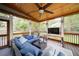 Comfortable screened porch featuring wood ceiling, ceiling fan, TV, and stylish furniture at 4645 Waterford Dr, Suwanee, GA 30024