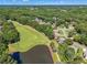 Scenic aerial view of a golf course community with lush greenery and a tranquil pond at 7045 Grand View Way, Suwanee, GA 30024
