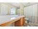Bright bathroom with a white countertop, wooden cabinets, and a shower featuring a white curtain at 11072 Pebble Ridge Dr, Hampton, GA 30228