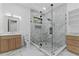 Modern bathroom featuring a glass-enclosed shower, double vanity, and stylish tile at 2709 Collins Hill Rd, Lawrenceville, GA 30043