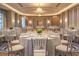Elegant event space with round tables set for a formal gathering, featuring chandeliers and neutral decor at 3376 Peachtree Ne Rd # 35A, Atlanta, GA 30326