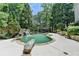 A beautiful backyard pool features a stone border, a waterfall, and mature landscaping at 7920 Tintern Trce, Duluth, GA 30097