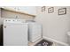Clean laundry room with white washer and dryer, cabinets, and trendy decor at 3865 Brookhollow Dr, Douglasville, GA 30135